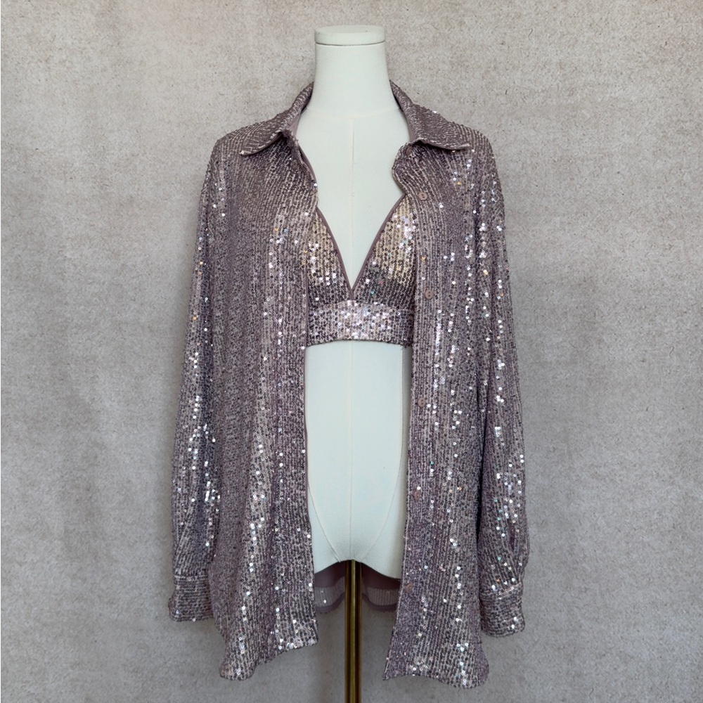 Main Strip Stunning Champagne Blush Sequin Button Down w/ Matching Bralette